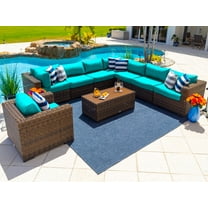Tuscany 9-Piece Resin Wicker Outdoor Patio Furniture Sectional Sofa Set with Seven Modular Sectional Seats, Armchair, and Coffee Table (Half-Round Brown Wicker, Sunbrella Canvas Aruba)