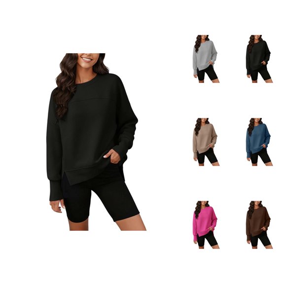Crewneck Sweatshirts for Women 2025 Fall Winter Long Sleeve Side Slit Plain Sweatshirt Pullover Tops