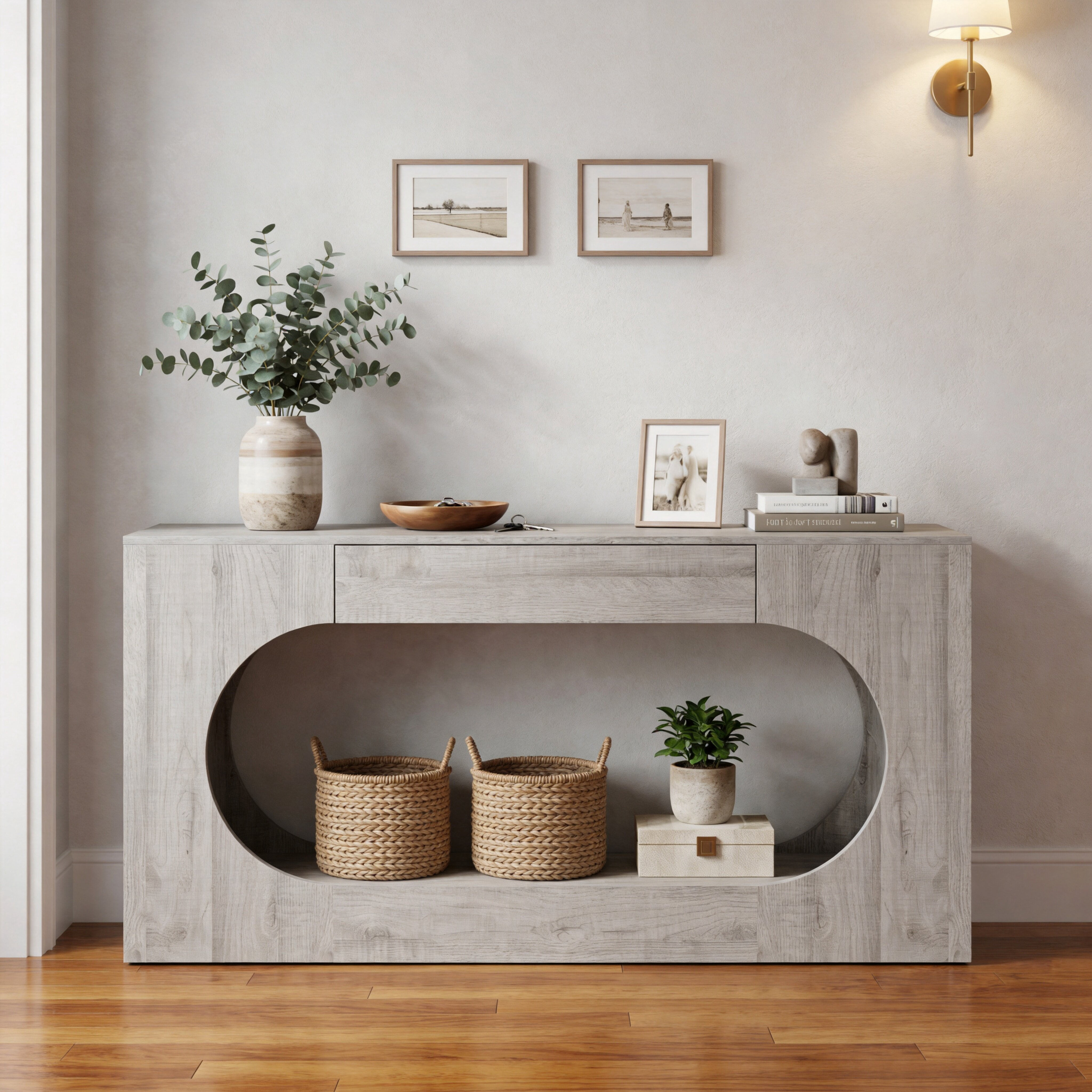 Mintazer Wood Grain Console Table with Drawer, 63"W Oval Hollow Frame Narrow Entryway Accent Table for Hallway,Living Room, Stairside, Grey