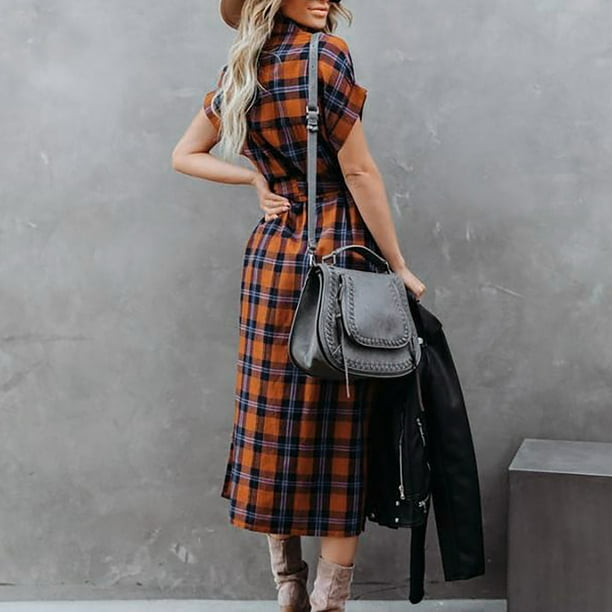 Fesfesfes Wear to Work Dress for Women Short Sleeve Long Shirt Dress Vintage Plaid Printed Button Down Dress Waist Lace Up Lapel Henley Neck Dress