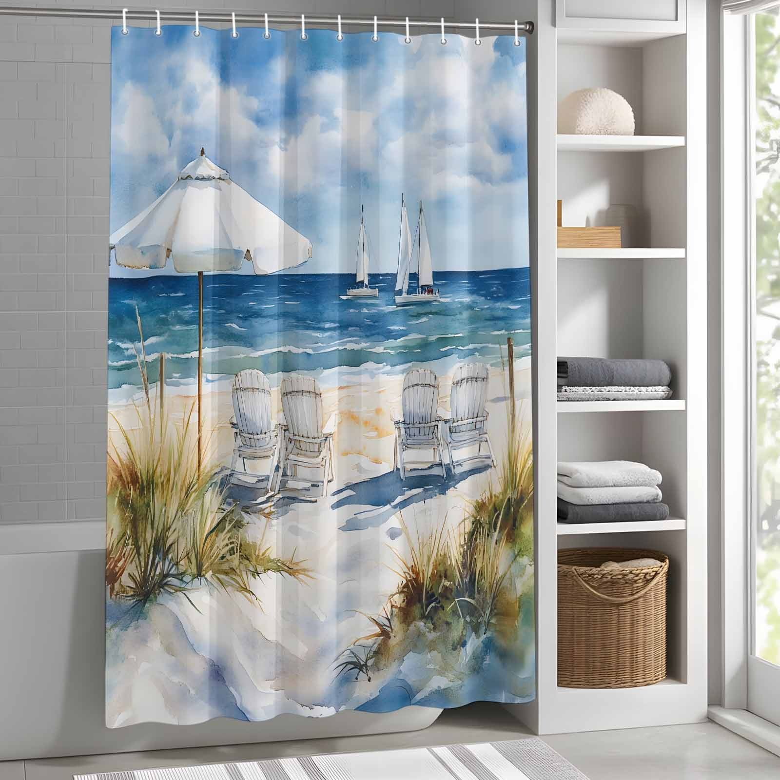 Summer Scenery Shower Curtains for Bathroom, Beach Chair Washable Fabric Shower Curtain with Hooks Waterproof Bathroom Decor Sets, 36 x 72 Inches