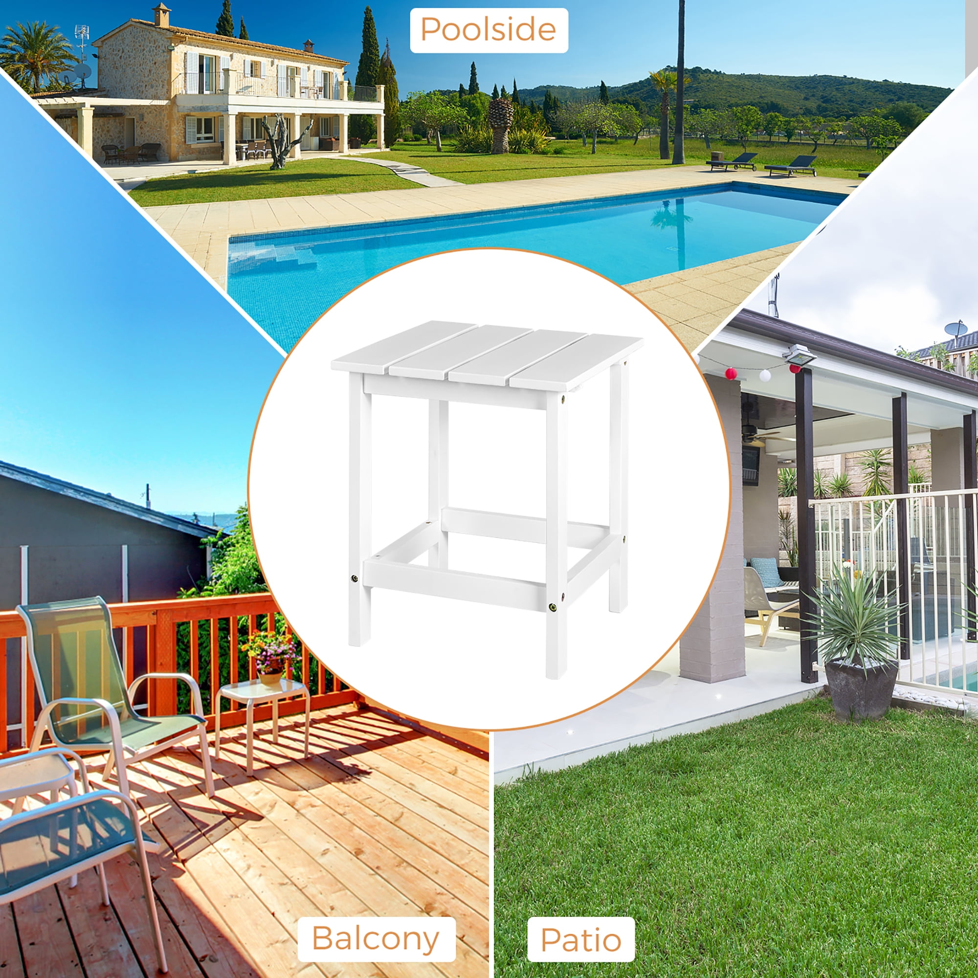 Costway Patio 15" End Side Coffee Table Square Wooden Slat Garden Deck White