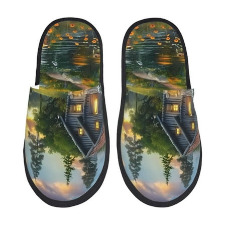 Balery Cozy Cottage Lakeside Sunset Slient Indoor Furry Fleece Comfort House Shoes Soft Non-Slip Home Shoes Cotton slippers House Slippers-- Medium