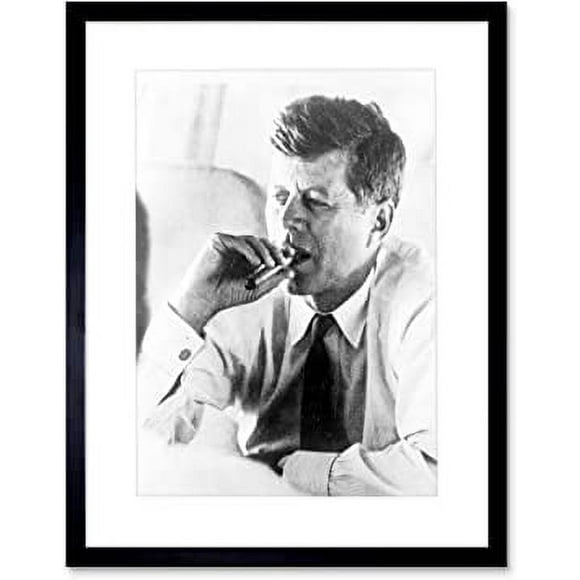 President John Kennedy Smoking Cigar JFK Vintage Black and White Photograph Artwork Framed Wall Art Print 12X16 Inch