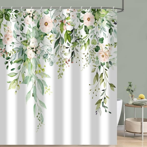 Sage Green Eucalyptus Shower Curtain Watercolor Leaves Floral Spring Leaf Plant Bathroom Curtains Waterproof Fabric Bathtub Curtains Set with Hooks 72"W x 78"L (Pack of 1)
