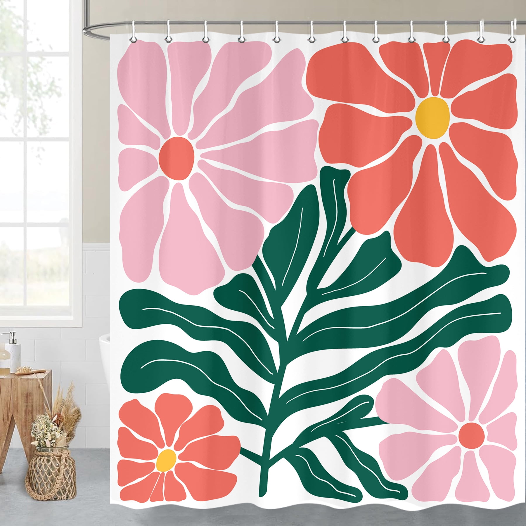 Retro Boho Floral Abstract Shower Curtain, 60s 70s Mid Century Vintage Cute Pink Flower Botanical Shower Curtain for Bathroom, Modern Minimal Style Fabric Bath Curtain Set Decor with Hooks 69X70IN