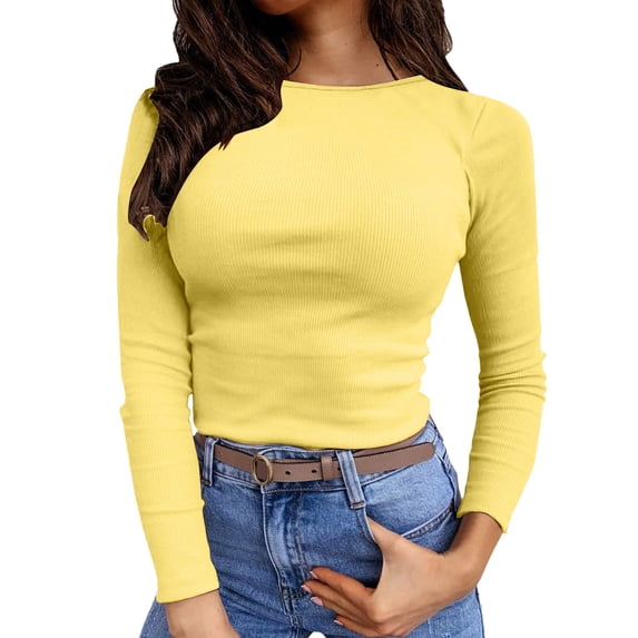 Women's Fitted Long Sleeve Crewneck T-Shirt Stretch Ribbed Casual Basic Top