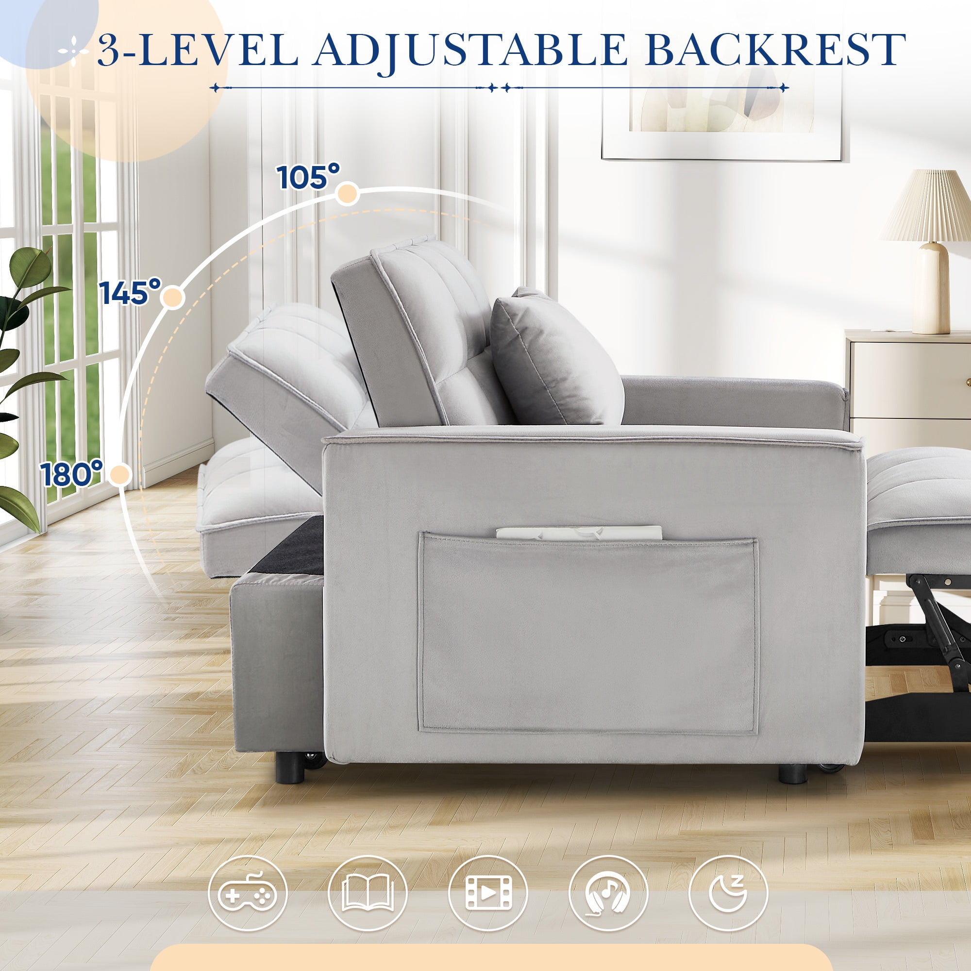 Lunale 4-in-1 Convertible Sleeper Sofa Chair Bed for Adult, Lounge Chair Indoor, Modern Single Couch for Living Room, Small Spaces, Gray Velvet