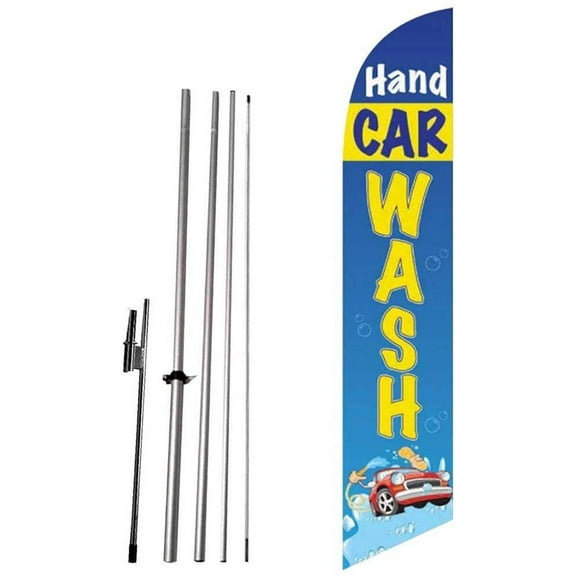 Cobb Promo Hand Car Wash Blue/Yellow Feather Flag with Complete 15ft Pole kit and Ground Spike