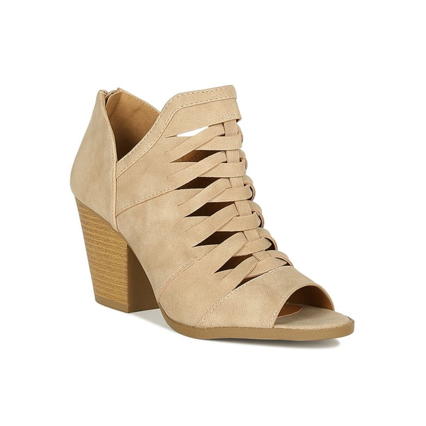 Qupid Women Twist Weave Peep Toe Stacked Chunky Heel Booties 18632