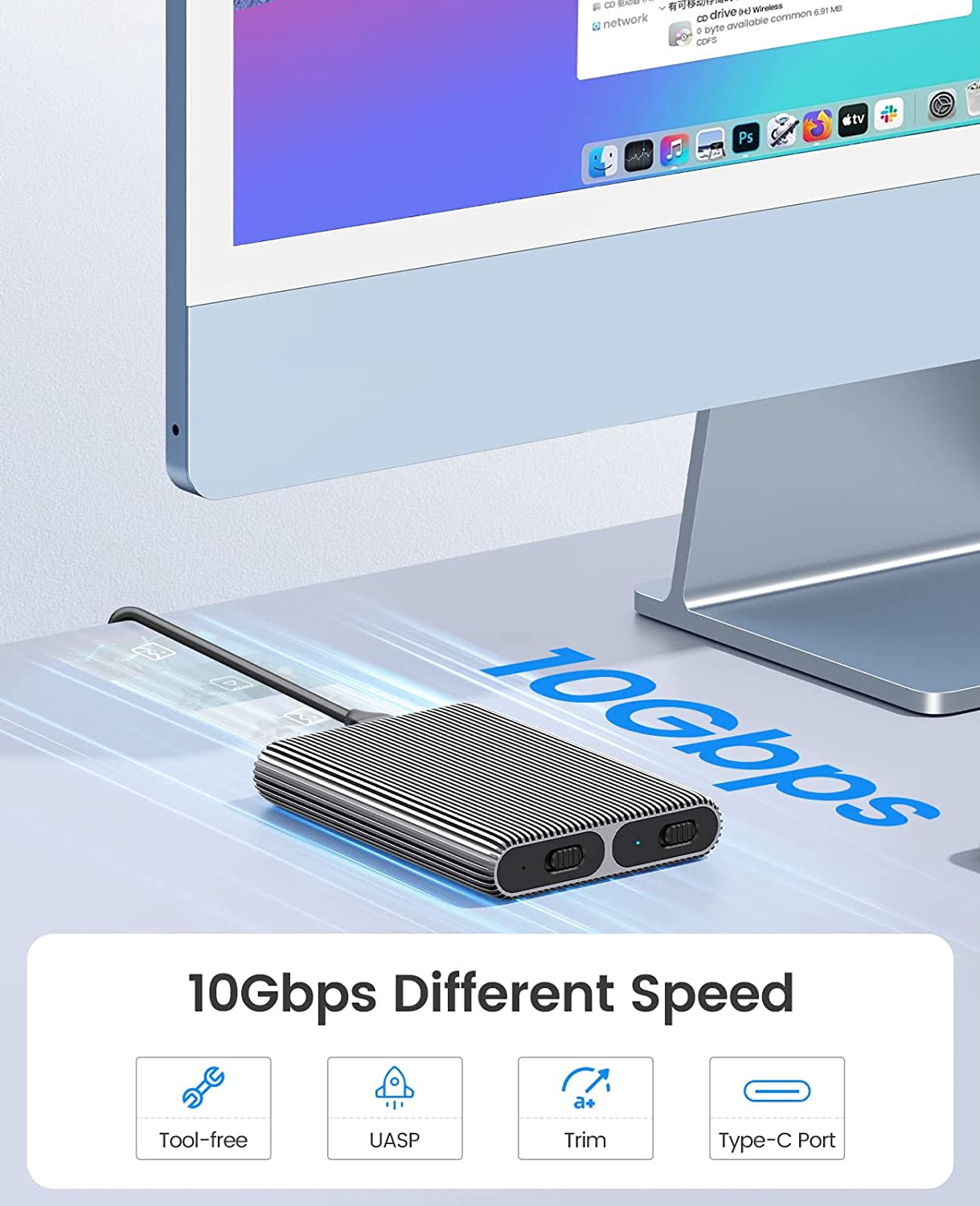 ORICO Tool-free Dual Bay M.2 NVMe SSD Enclosure, Aluminum, USB C to NVMe, Support Trim UASP, 2x4TB Max (No Drive)