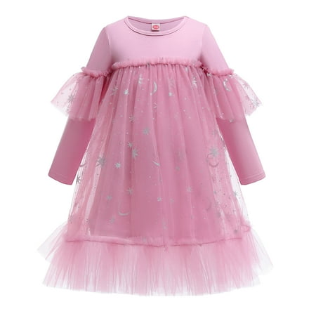 

OLLUISNEO 3-4 Years Toddler Baby Girls Dress Long Sleeve Solid Color Sequins Party Formal Dress Pink