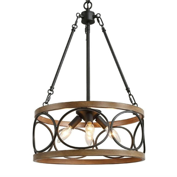 LNC 4-Light Brown Wood and Black Farmhouse LED Chandelier, for Kitchen Island Pendant