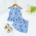 thumbnail image 4 of felwors Toddler Girl Clothes 9 12 18 24 Months 2T 3T Baby Summer Outfit Sleeveless Bow Stripes Print Ruffle Tops Shorts Set (6-9 Months,Blue), 4 of 6