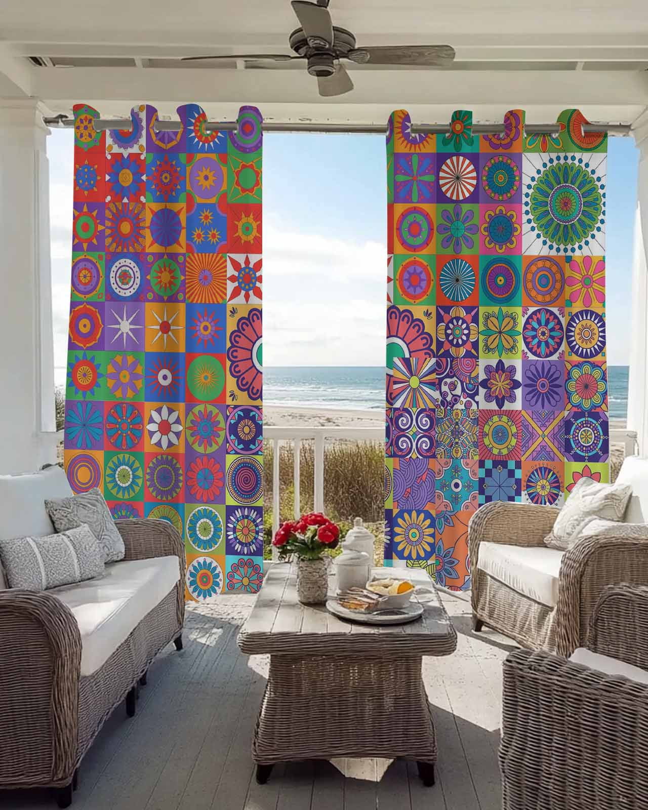 Colorful Abstract Floral Blackout Curtains for Bedroom Living Room, Countryside Flower Plaid Ethnic 39 In Long Thermal Insulated Room Darkening Drapes Grommet Window Treatments, 27.5 x 39 In