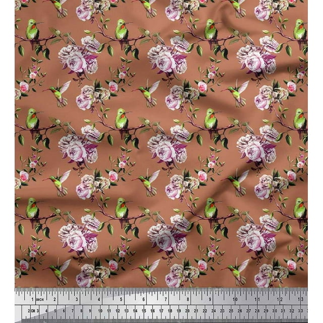 Soimoi Rayon Fabric Hummingbird,Leaves & Rose Floral Print Fabric by Yard 42 Inch Wide