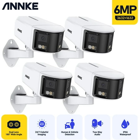 ANNKE 4pcs Panoramic Outdoor PoE Dual Lens Security Camera, 6MP Resolution, 180° Ultra Wide Angle, f/1.2 Super Aperture, BSI Sensor, Color Night Vision & Infrared Night Vision, Built-in Mic, Active Si