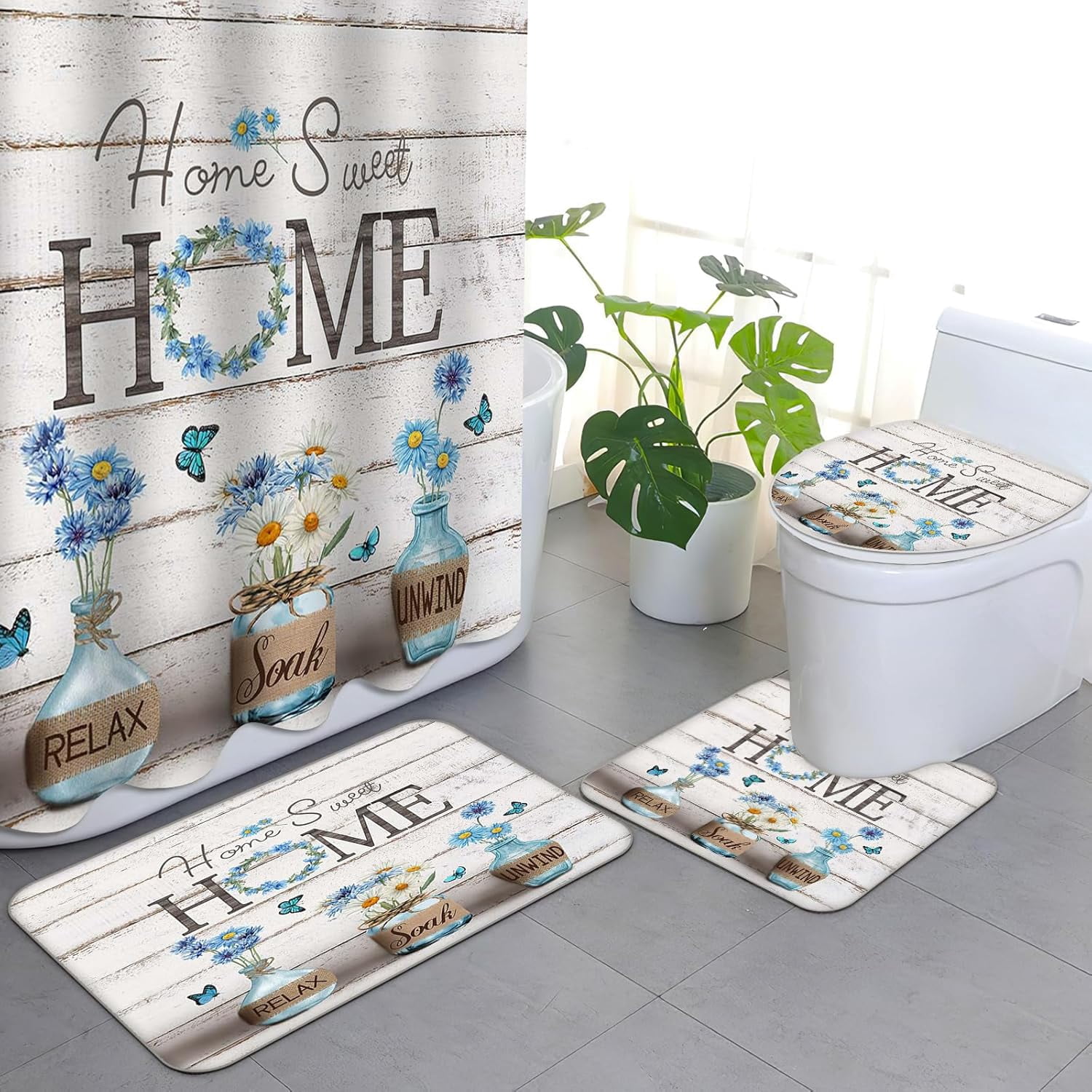 4PCS Farmhouse Shower Curtain Sets for Bathroom, Green Eucalyptus Rustic Bathroom Set with Shower Curtain and Rugs, Country Style Home Sweet Home Vintage Bathroom Decor Accessories