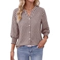 thumbnail image 3 of Fantaslook Plaid Womens Button Down Shirts 3/4 Sleeve V neck Tops with Smocked Cuffs Dressy Cotton Blouses, 3 of 10