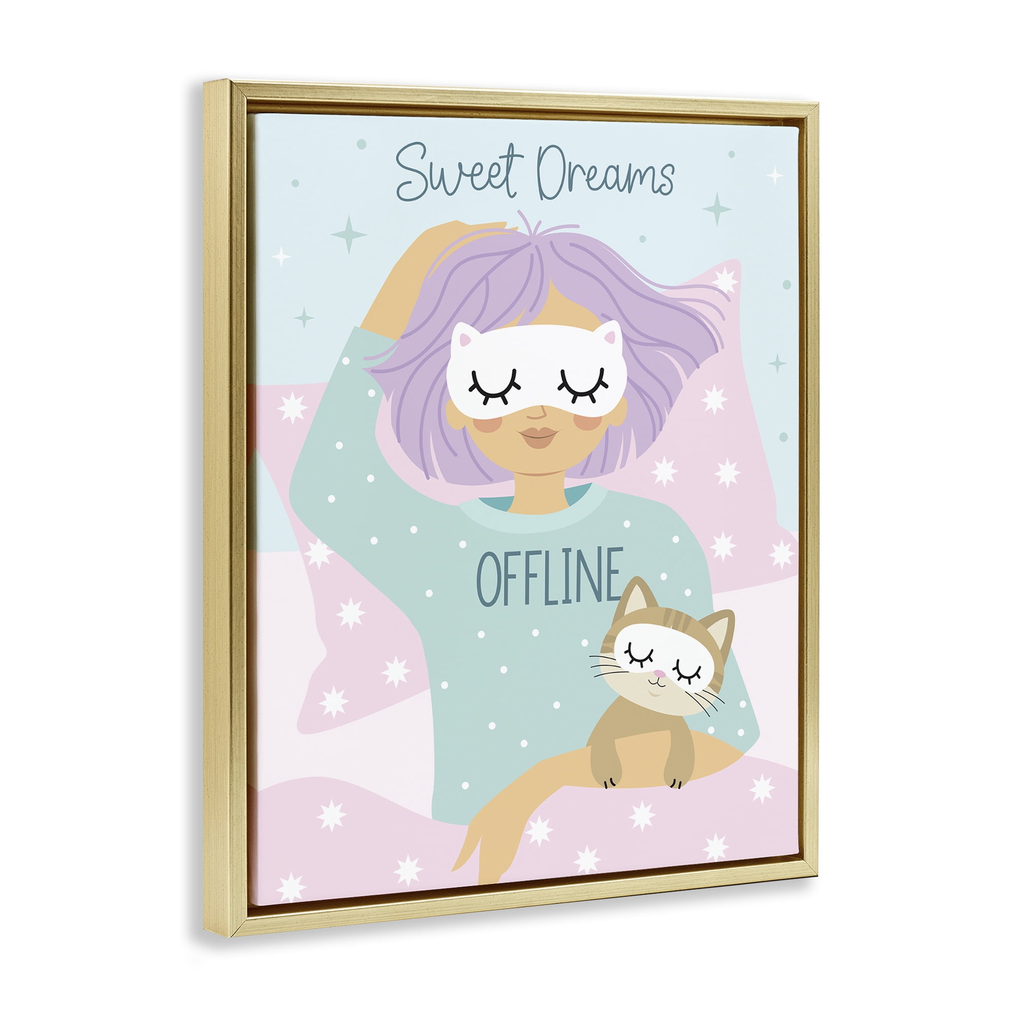 Stupell Industries Sweet Dreams Girl & Cat People Painting Gold Floater Framed Canvas Art Print Wall Art, 25 x 31