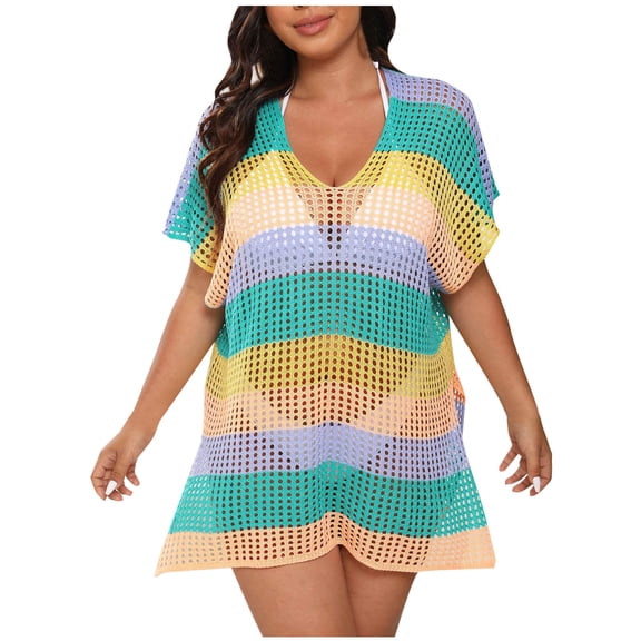 Riecok Pool Cover Up for Women Short Sleeve Hollow out Split Swimsuit Cover Ups Summer Beach Vacation Tops