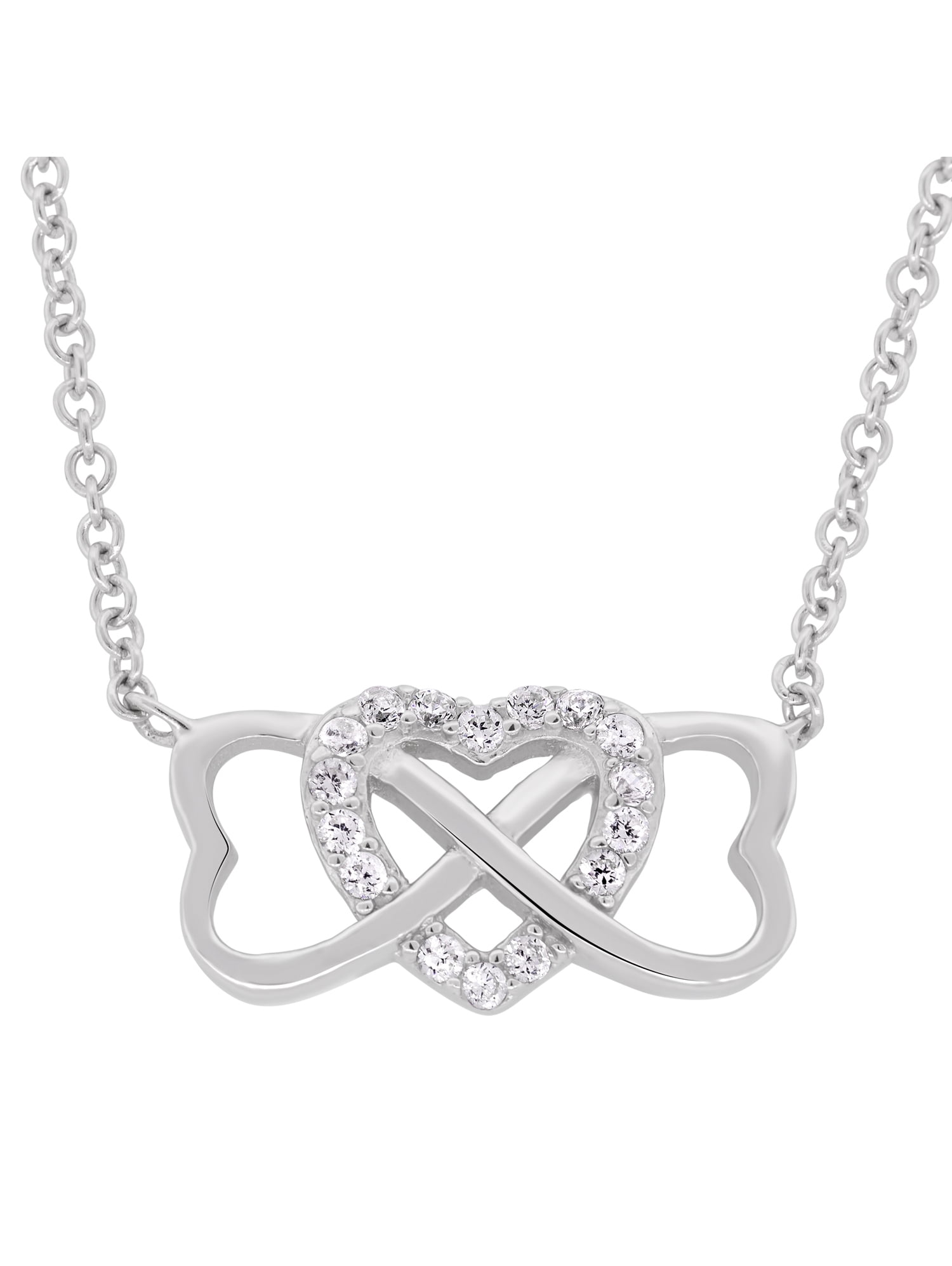 Triple-Heart CZ Charm Pendant & Chain Necklace in 925 Sterling Silver w/ Rhodium 