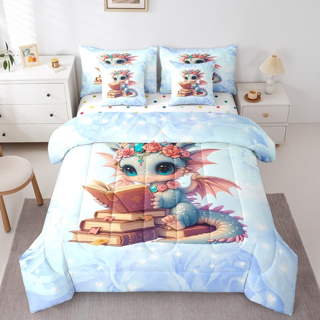 Cute Dragon Comforter Set 7 Pcs King Size,Fantasy Fairy Tale Comforter Blanket,Western Magical Animal Bedding Sets with Comforter,Flat Sheet,Fitted Sheet,Pillowcases and Pillow Covers