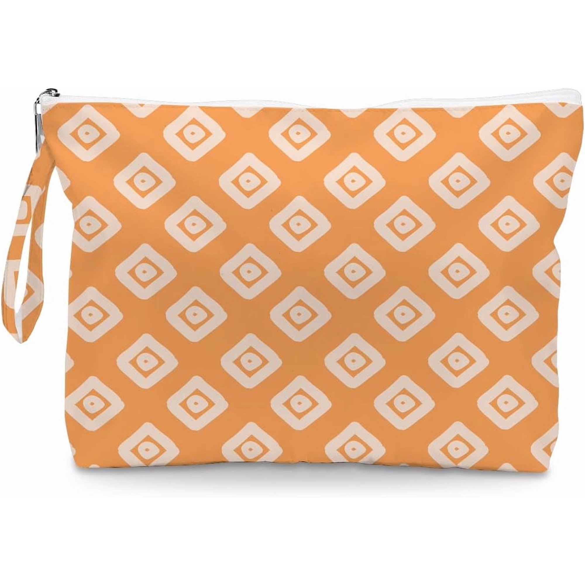 Orange Background Geometric Pattern Wet Dry Waterproof Zipper Pouch, Portable Beach Bag for Swimsuit, Diaper & Sunscreen, Gift for Women, Girls, Friends