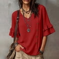 thumbnail image 2 of Ashirexll Short Sleeve Shirts for Women Summer Solid Color V-Neck Three Quarter Pleated Sleeve Button Down Slit Top T-Shirt, 2 of 7