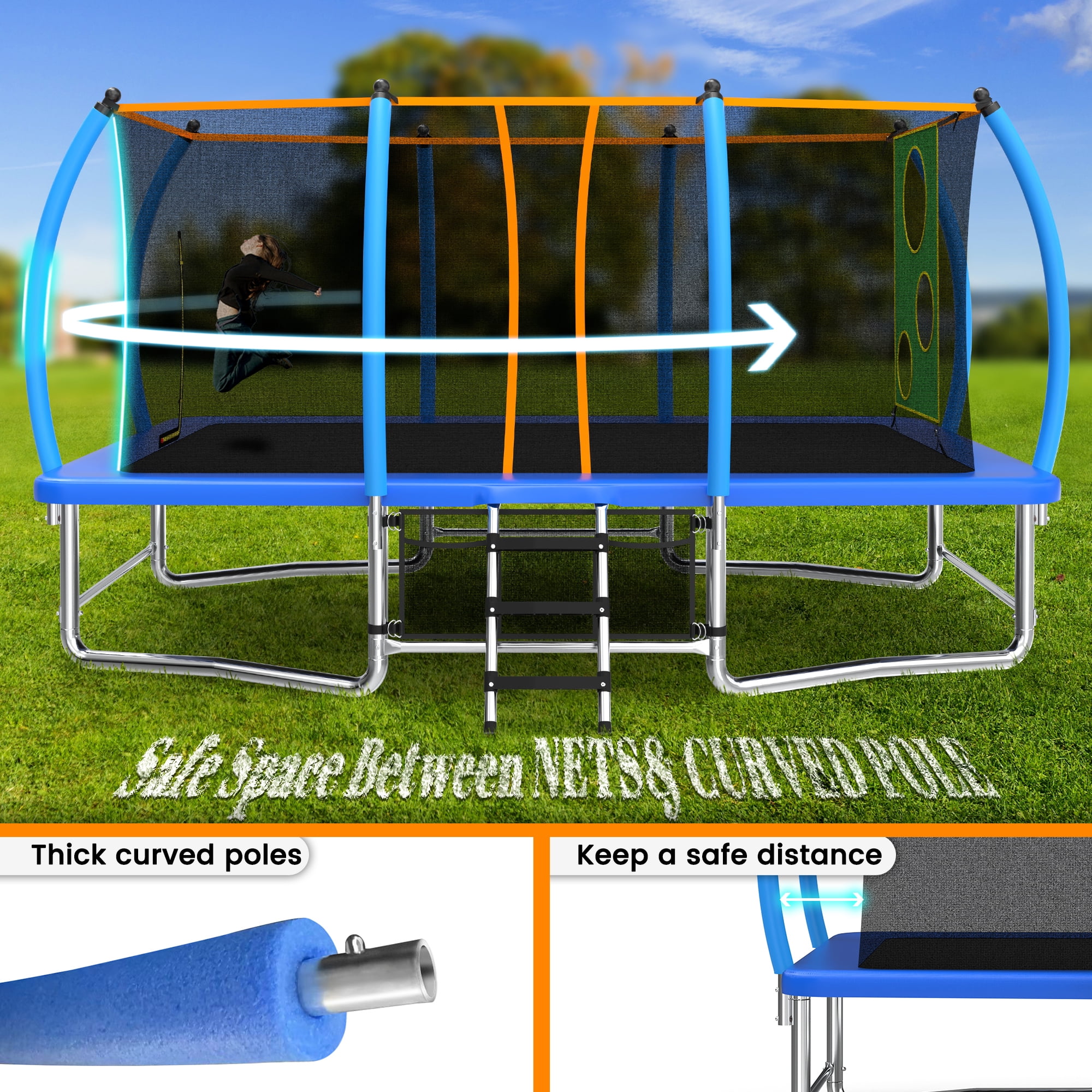 Alvantor 8X14 Ft Trampoline Rectangle, Outdoor Square Trampolines with Enclosure Net Blue