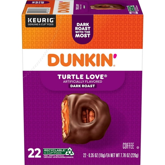 Dunkin’ Turtle Love Artificially Flavored Coffee, Dark Roast, Keurig K Cup Pods, 22 Count Box