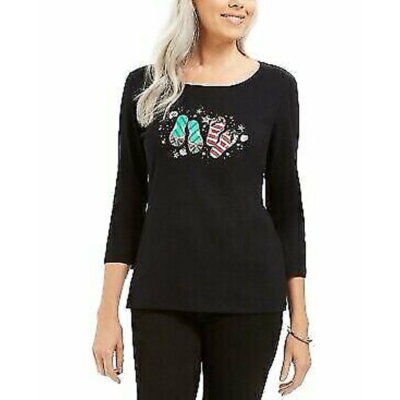 Karen Scott Cotton Flip-Flops Holiday Graphic Top,
