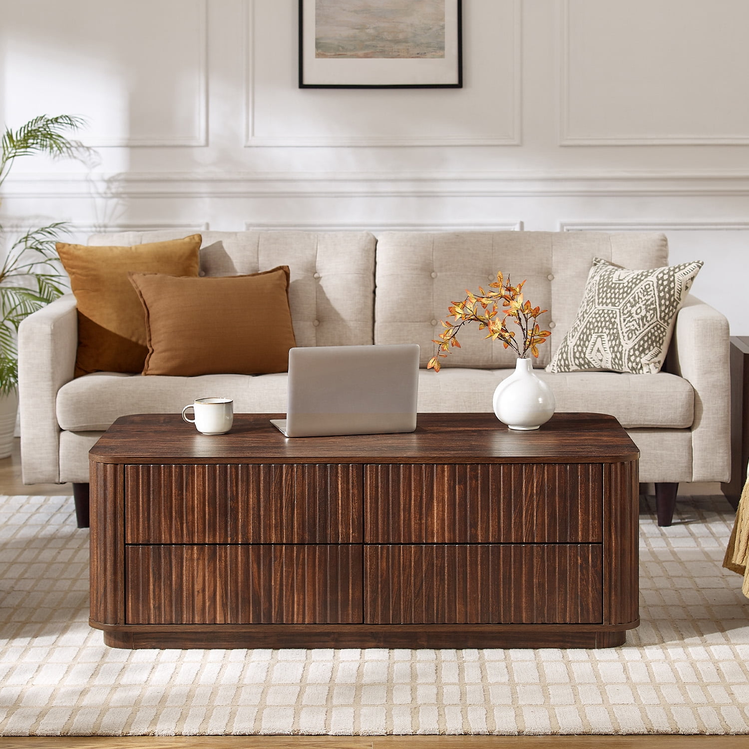 IFMUST 51" Modern Fluted Coffee Table with Storage, 4 Drawers, Rounded Edges,Hidden Storage