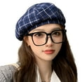 thumbnail image 2 of Opvise Women Fashion Winter Beret Plaid Print Contrast Color Elastic Adjustable Soft Warm Decorative Dome Lady Cap Painter Hat Navy Blue, 2 of 8