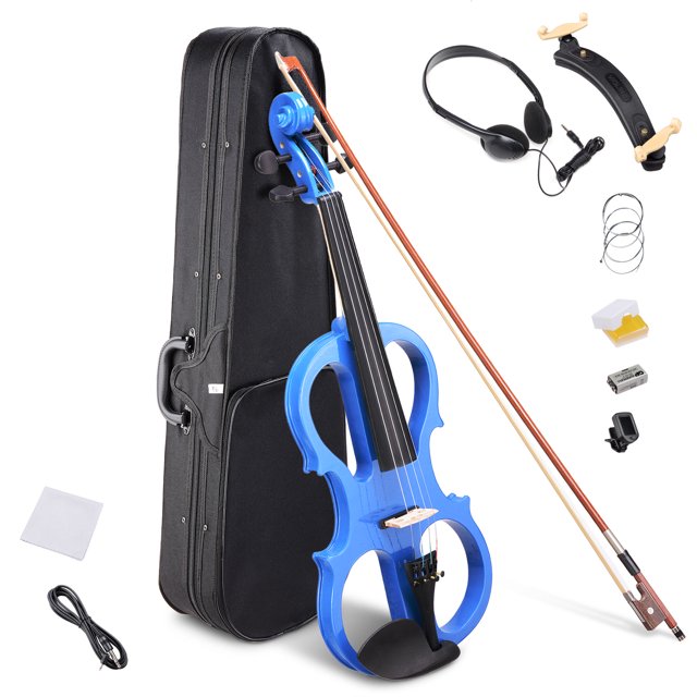 4/4 Electric Violin Full Size Wood Silent Fiddle Stringed Instrument Bow Headphone Case Blue