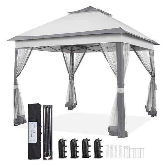 WDZS 11x11 Pop Up Gazebo Outdoor Canopy Shelter, Instant Patio Gazebo Sun Shade Canopy Tent with 4 Sandbags, 2 Tiers Roof & Mesh Netting for Lawn, Garden, Backyard & Deck, Gray