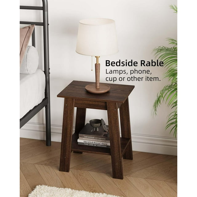 Royalbelle Walnut Color End Table with Double Storage Shelves, Small Space Side Table