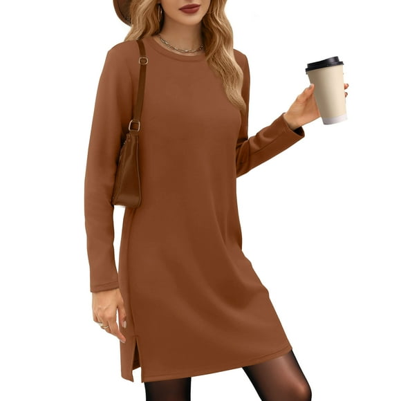 UVN Vestidos para Mujer Otoño Invierno Manga Larga Cuello Redondo Casual Jersey Sudadera Vestido con Abertura Lateral