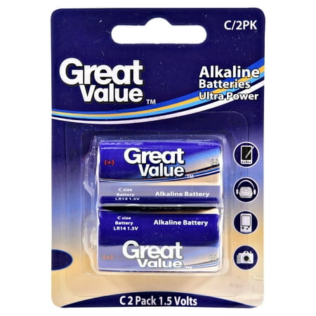 Great Value Alkaline C Batteries, 2 Pack