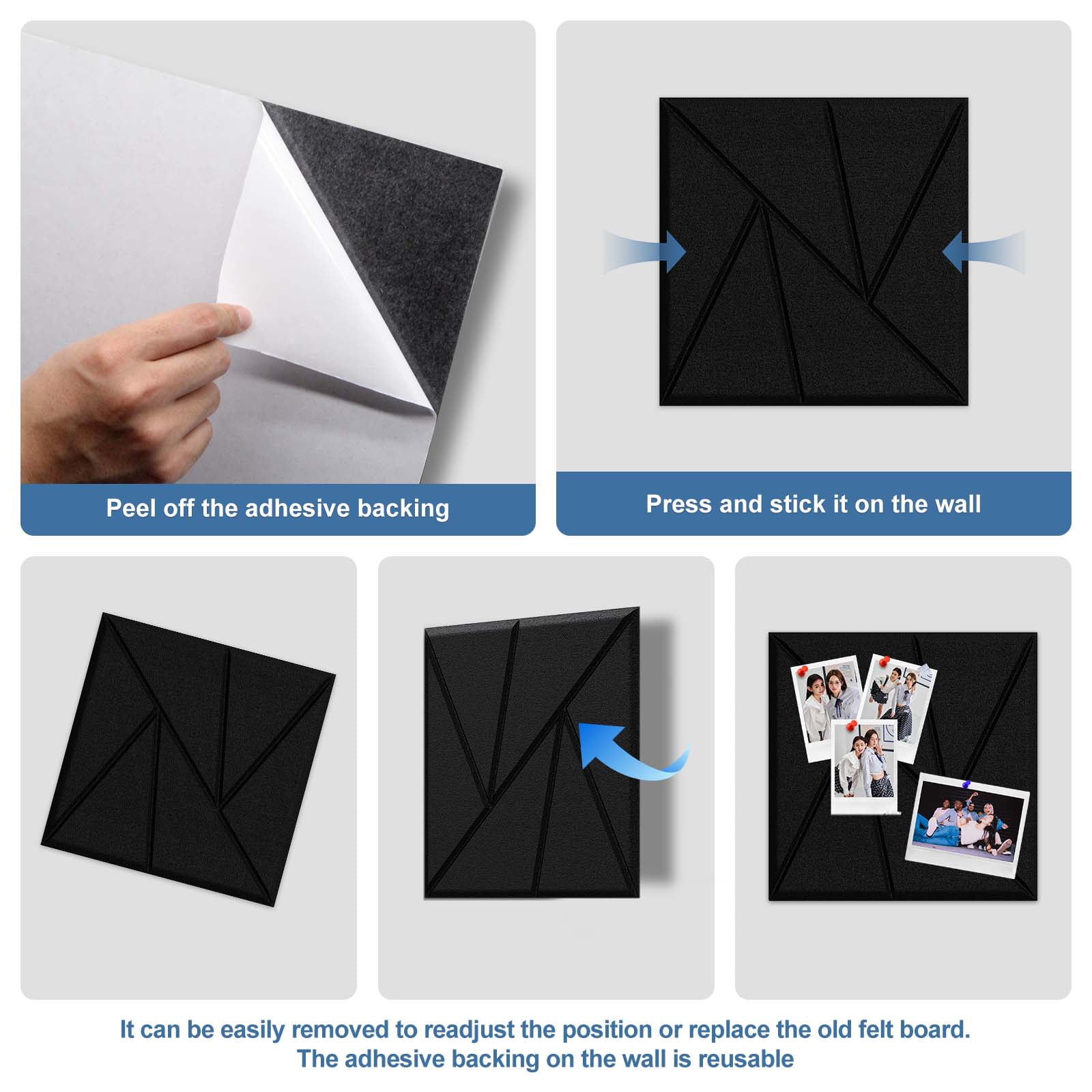 36" x 24" Vision Board, Large Decorative Felt Pin Board, Black Felt Bulletin Board, 6 Pack Foldable Felt Wall Tiles, Cork Board Alternative Tack Board for Office Wall Decor