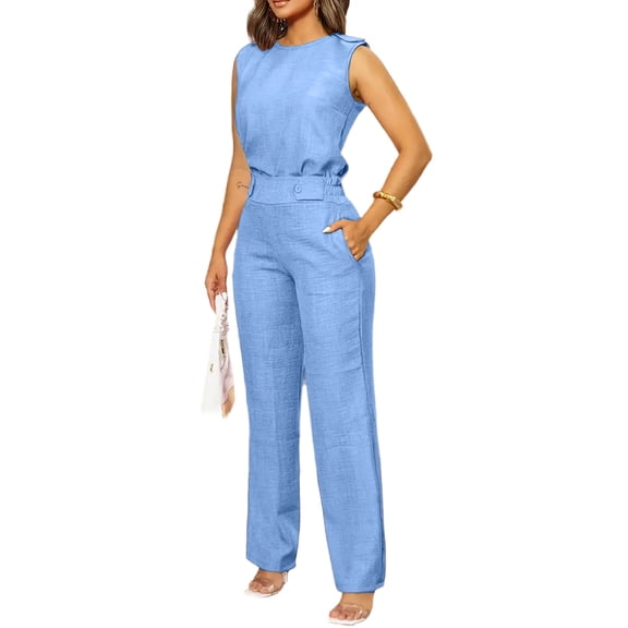 Women's 2 Piece Outfit Crew Neck Set Fashion Sexy Back Beltless Sleeveless Blouse and Wide Leg Pants Set Light Blue M