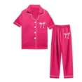 thumbnail image 4 of Kids Valentines Pajamas Girls Silk Satin Pajamas Set 2 Piece Button Down Bow Short Sleeve Top Pants Sleepwear Set Nightwear Summer Fall Baby Clothes New Year Birthday Gifts 3-14Y Hot Pink,150=11-12Y, 4 of 4
