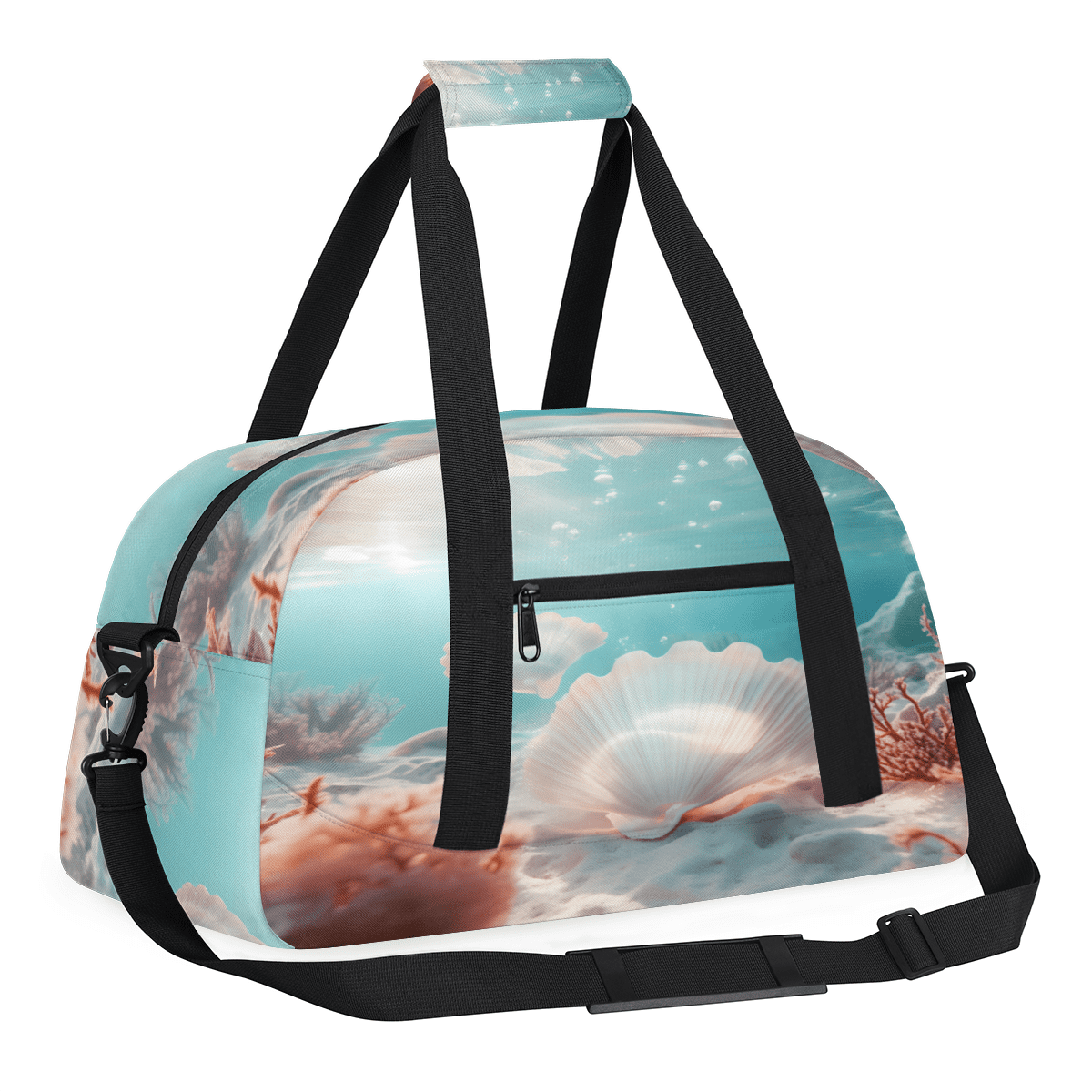 Herdesigns Nautical Coastal Sports Duffle Bag for Women & Men, Ocean Beach Seashell Gym Bag Dance Bag Overnight Bag Carry On Weekender Travel Bag