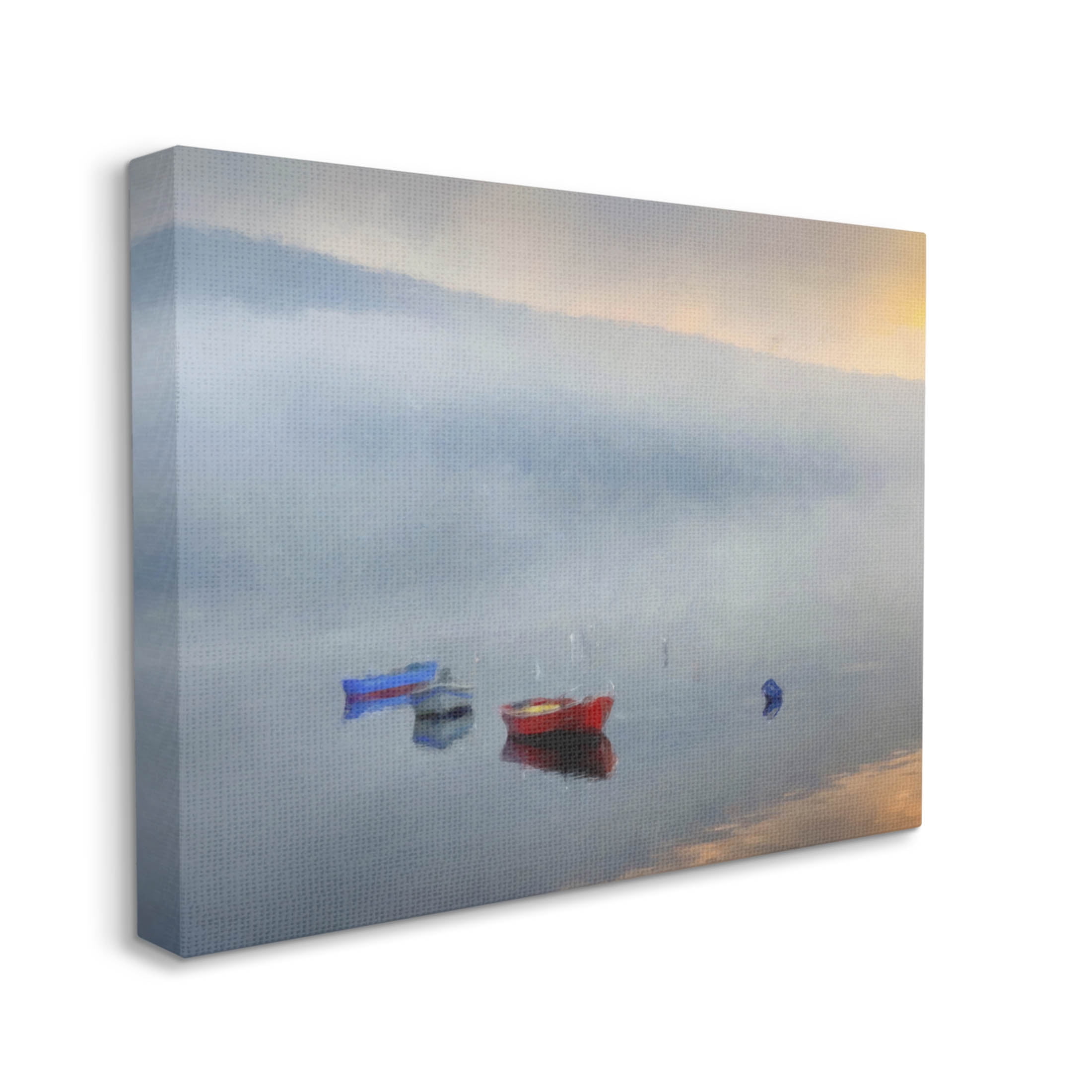 Misty Lake Canoes Fog Scene Landscape Painting Gallery Wrapped Canvas Print Wall Art