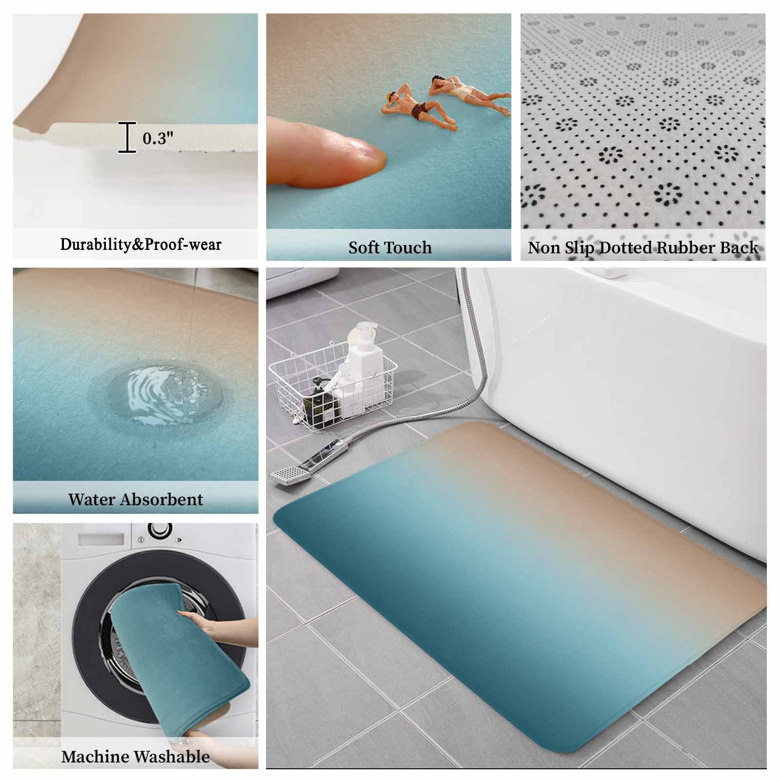 Navy Blue Brown Ombre Bath Mat 3 Piece Bathroom Rug Set, Teal Gradient Color Modern Abstract Art Non Slip Bath Rug Contour Mat and Toilet Lid Cover, Absorbent Shower Mats Soft Bath Rugs and Mats Sets
