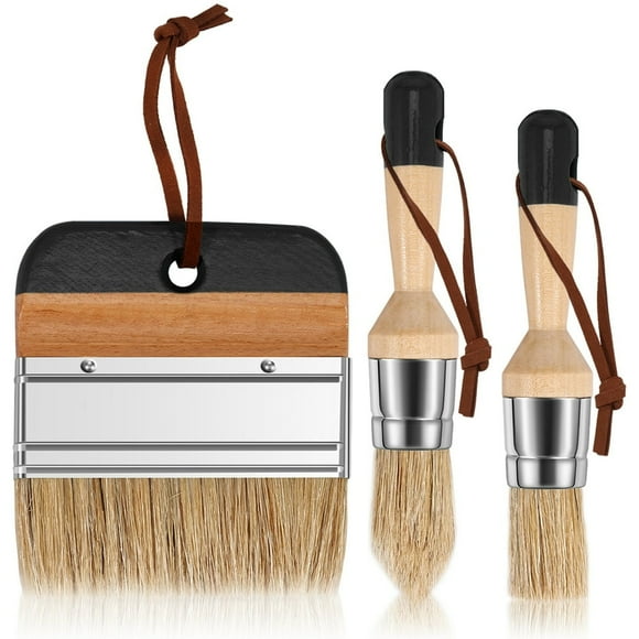 3Pcs Wax Brushes Set with Flat Brush Pointed Brush  Head Brush Natural Bristle Paint Brushes with Wooden Handle Chalk Paint Brushes Set for Furniture Milk Paint