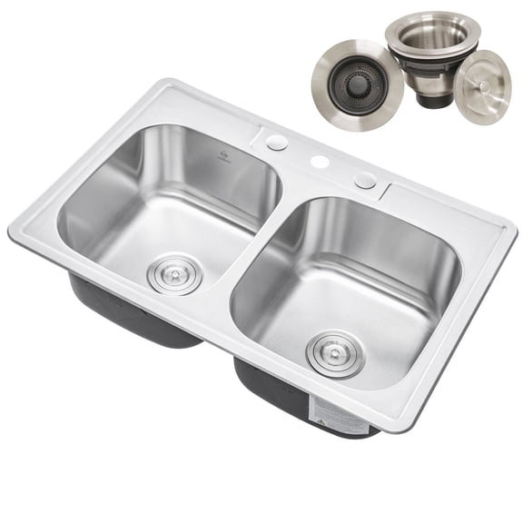 33 in. x 22 in. Topmount / Drop-in 18 Gauge Stainless Steel Double Bowl (50/50) Kitchen Sink with 9 in. Deep Includes One Pop-Strainer/Drain