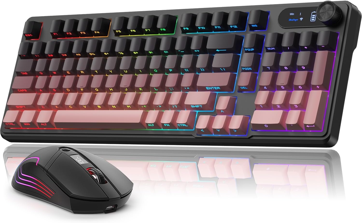 Gaming Keyboard and Combo, RGB Backlit, Tri-Mode /2.4G/USB-C Wired, 98 Quiet Keyboard with Number Pad, Volume Knob & Screen, 4800 DPI for PC//Laptop
