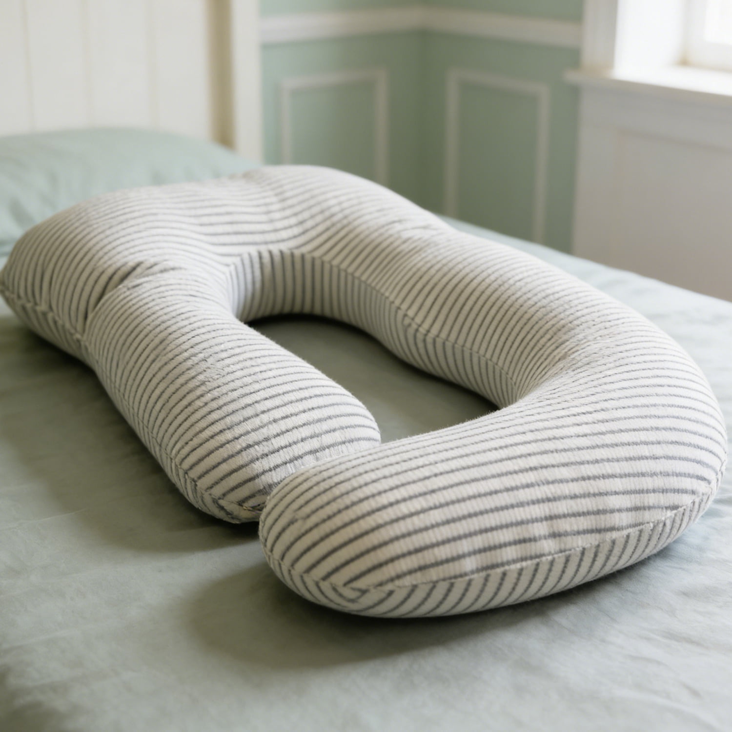 J-Shaped Pregnancy Pillow (65" x 16" x 8") - Full Body Maternity Support Pillow for Back, Hip and Belly Pain Relief, Black & White Stripe
