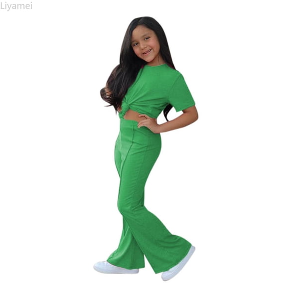 Liyamei Baby Kids Girls Boys Autumn Solid Cotton Short Sleeve T Shirt Long Pants Set Outfits Clothes Girls Casual Sets Size Green 6-7 Years